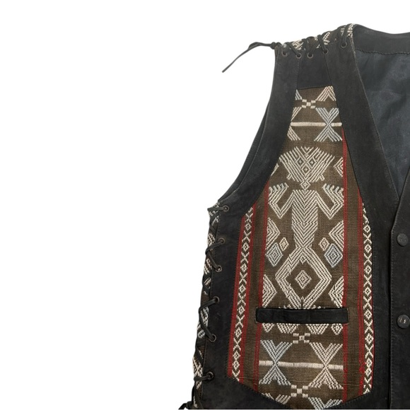 70s Vintage Leather & Southwestern Woven Festival Vest Lace-Up Sides - Picture 2 of 14